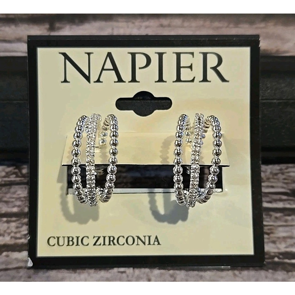 Napier Earrings Silver Hoops Cubic Zirconia NWT (151)